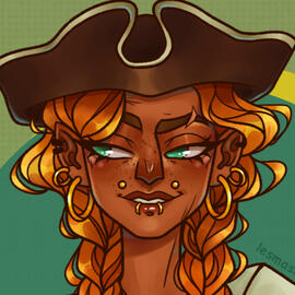It's a portrait of a character smiling cunningly.They have brown skin, green eyes, some piercings and red hair.